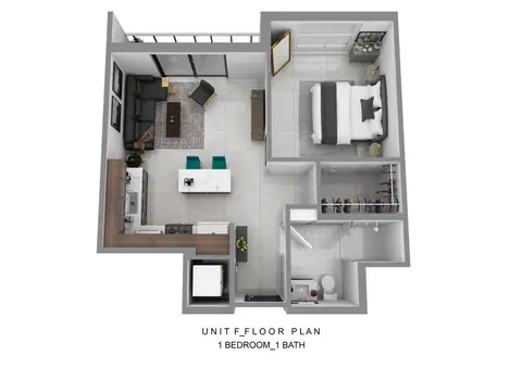 Floor plan F, 1 bed · 1 bath · 614 sf