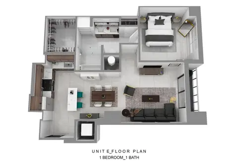 Floor plan E, 1 bed · 1 bath · 809 sf