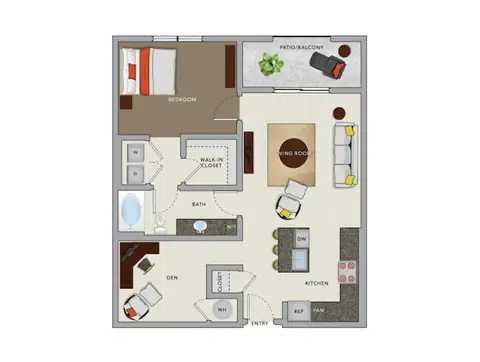 Floor plan A4eD, 1 bed · 1 bath · 892 sf