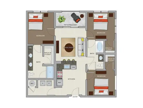 Floor plan D2, 3 beds · 2 baths · 1,128 sf