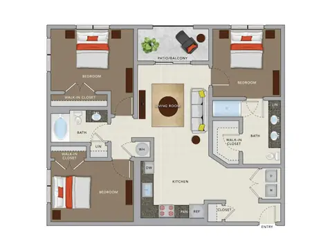 Floor plan D3, 3 beds · 2 baths · 1,260 sf