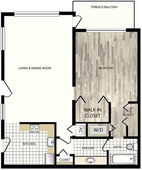 Floor plan Phase 1 Rose, 1 bed · 1 bath · 726 sf