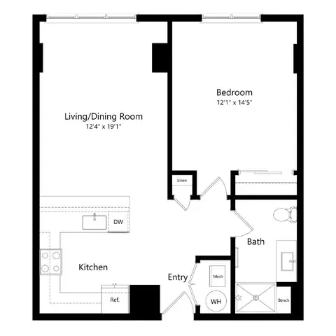 Floor plan 1 Bedroom 5 - A5, 1 bed · 1 bath · 598 to 750 sf