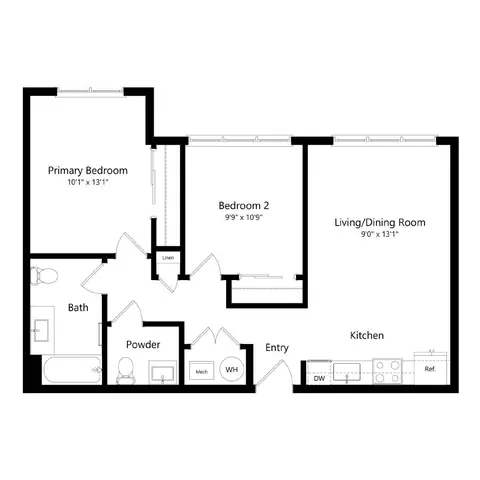Floor plan 2 Bedroom 1 - B3, 2 beds · 1.5 baths · 800 sf