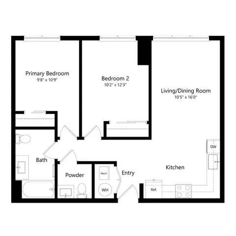 Floor plan 2 Bedroom 6 - B8, 2 beds · 1.5 baths · 801 sf