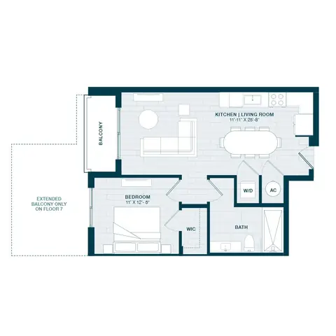 Floor plan A8, 1 bed · 1 bath · 695 sf