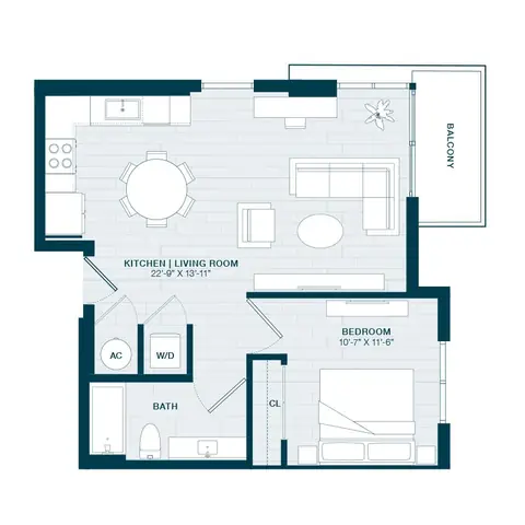 Floor plan A14, 1 bed · 1 bath