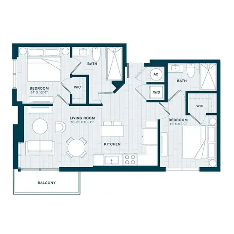 Floor plan B10, 2 beds · 2 baths · 905 sf