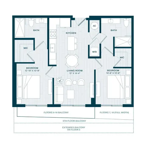 Floor plan B5, 2 beds · 2 baths · 955 sf