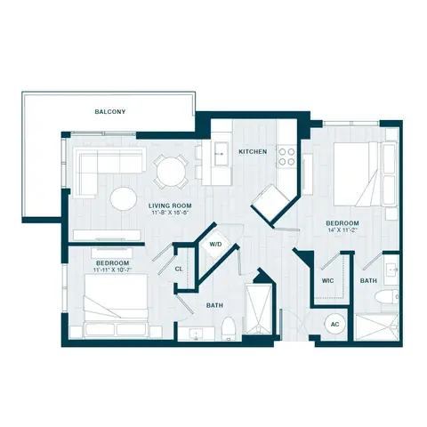Floor plan B8, 2 beds · 2 baths · 973 sf