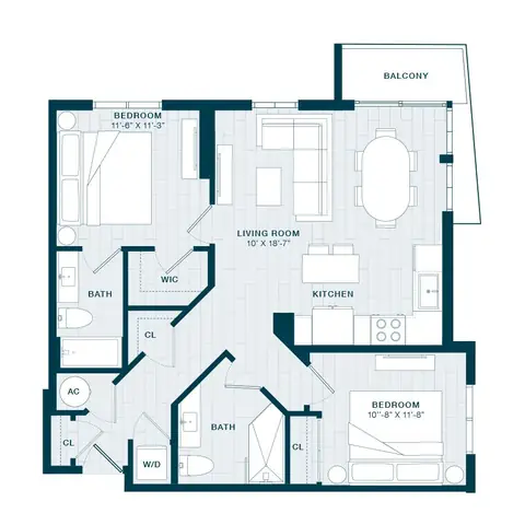 Floor plan B7, 2 beds · 2 baths · 1,043 sf