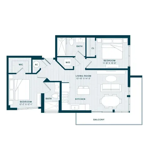 Floor plan B1, 2 beds · 2 baths