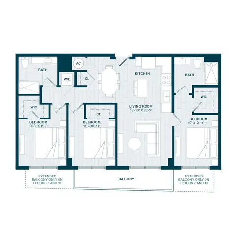 Floor plan C1, 3 beds · 2 baths · 1,288 sf