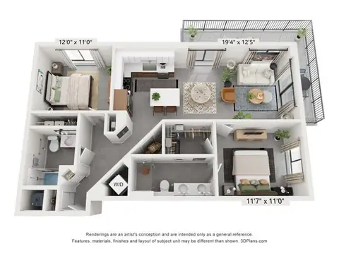 Floor plan B3, 2 beds · 2 baths · 1,086 sf