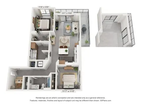 Floor plan B2, 2 beds · 2 baths · 1,130 sf