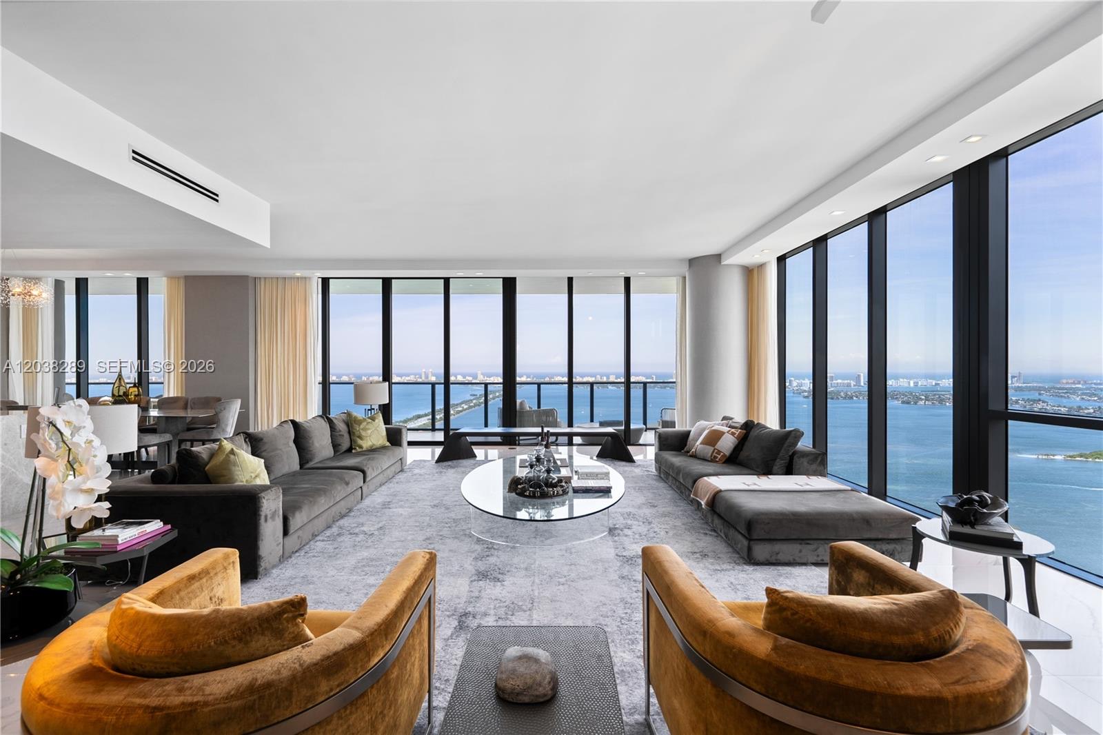 Penthouse living room at One Paraiso with Biscayne Bay views