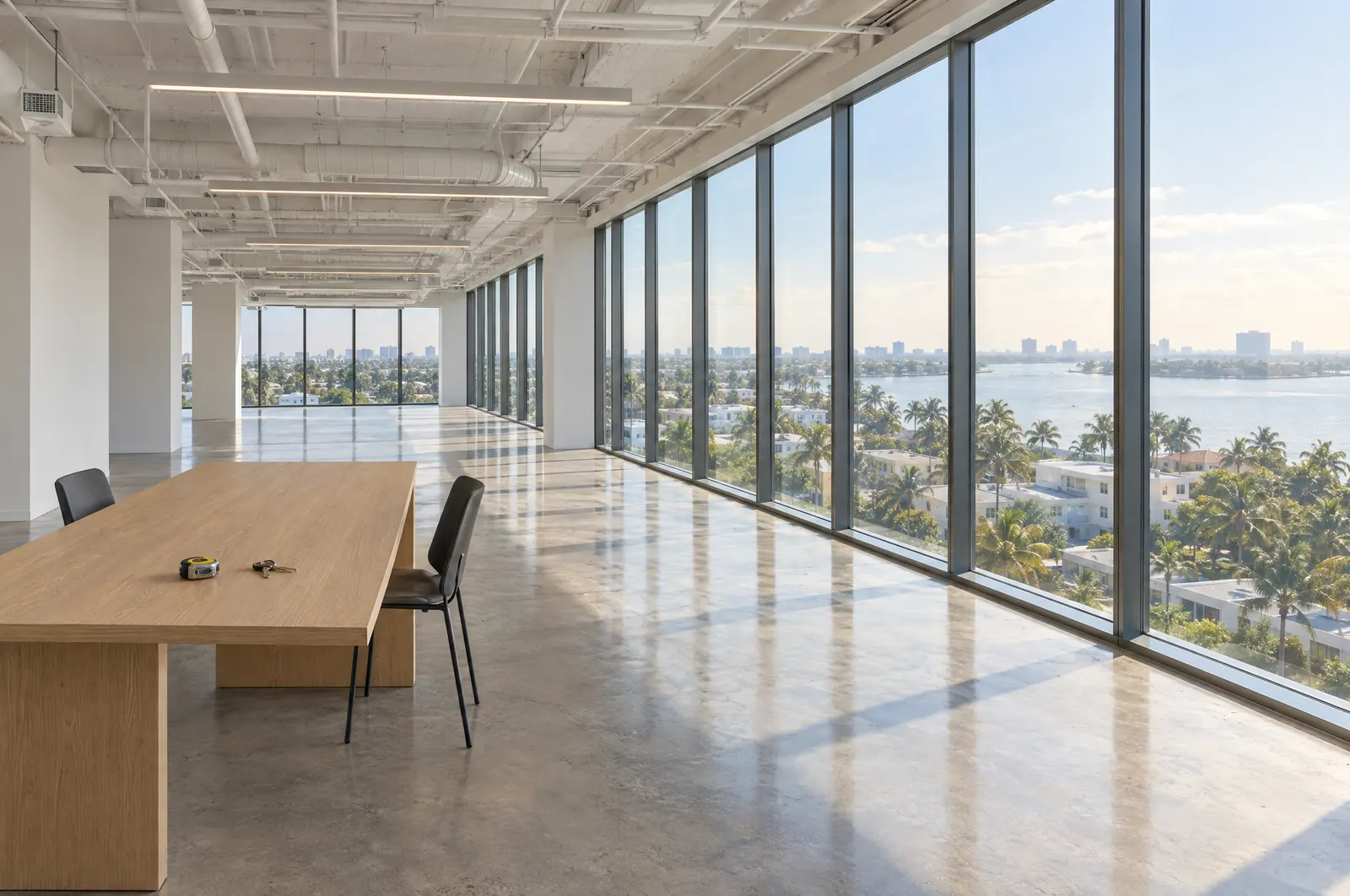 Illustration: a vacant, newly built-out office floor with polished concrete and floor-to-ceiling windows over palm trees and the bay, a tape measure and keys on a worktable