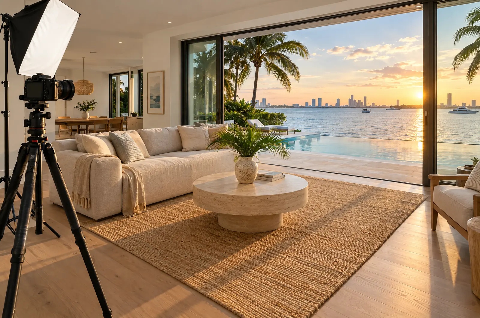 Illustration: a staged waterfront living room set up for a listing photo shoot, with a camera on a tripod and a softbox light at golden hour